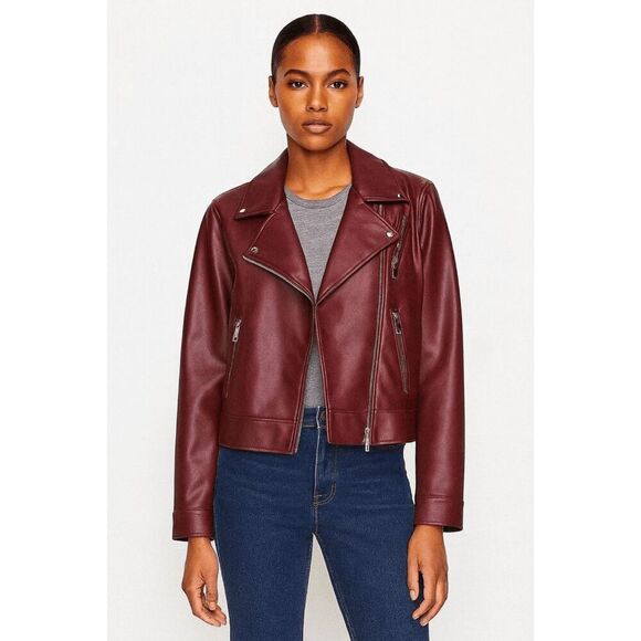 DKNY Women's Faux Leather Motorcycle Jacket Cabernet Size S - Picture 1 of 7
